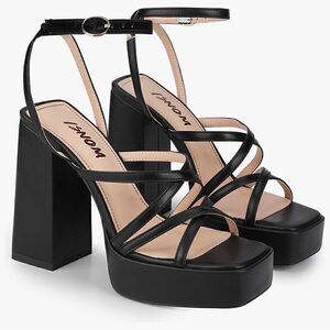 ISNOM Platform Chunky Block Heel Sandals with Open Square Toe size 7